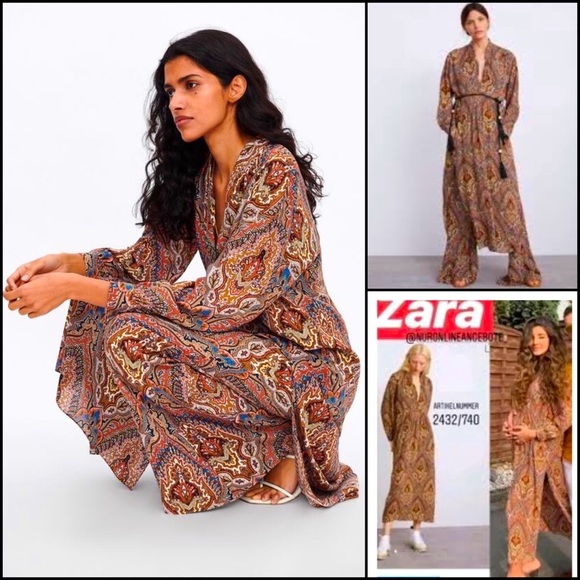 Zara Bohemian Print Side Slit V-Neck Maxi Dress Tunic - Picture 3 of 12